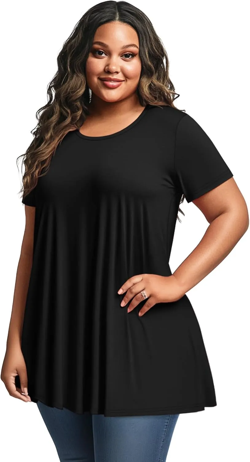 3 Pack Women's Plus Size Tunic Top Short Sleeve Cotton Long Shirts Summer Loose Fit Flowy Blouse Wear with Leggings