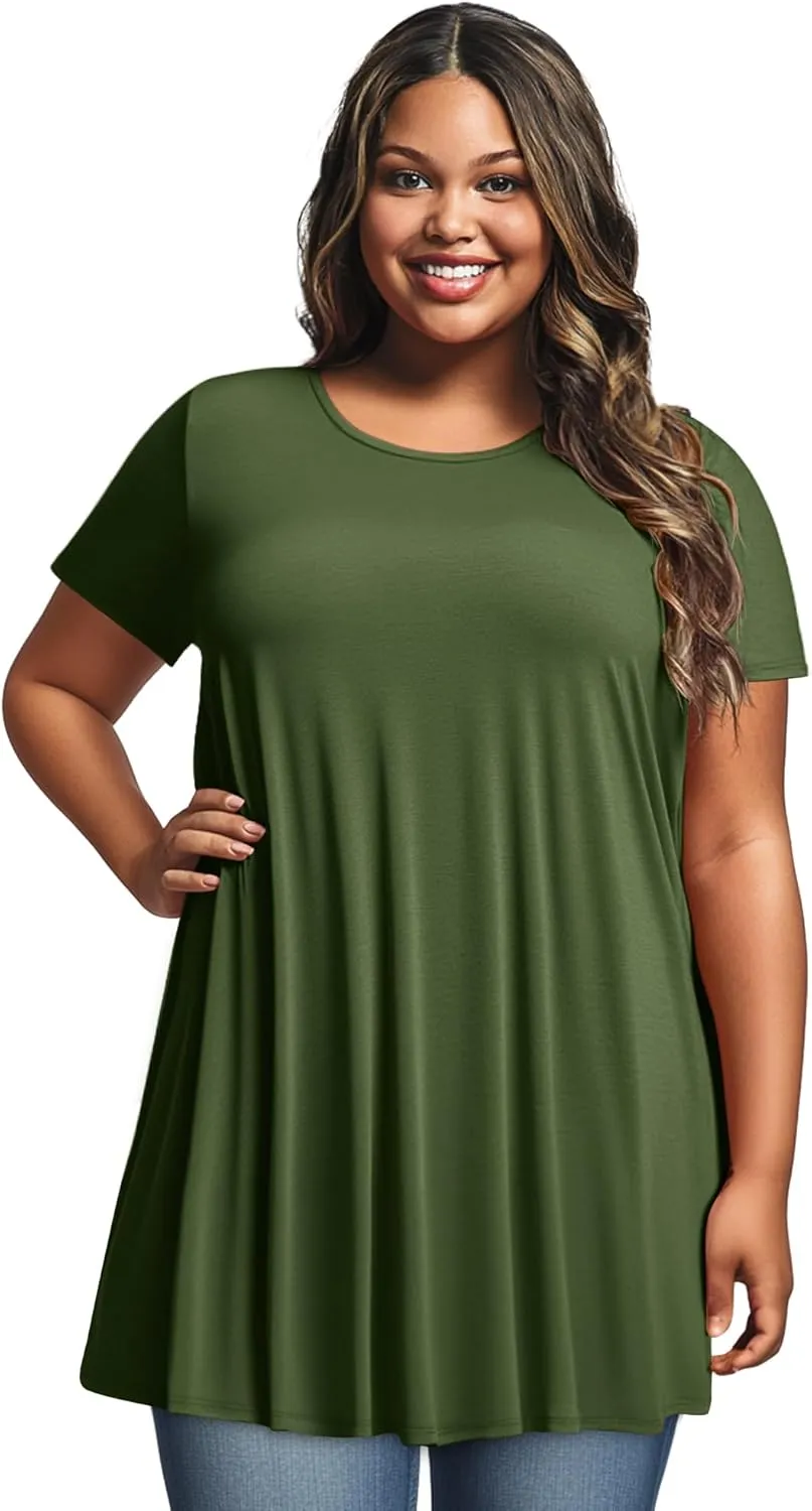 3 Pack Women's Plus Size Tunic Top Short Sleeve Cotton Long Shirts Summer Loose Fit Flowy Blouse Wear with Leggings