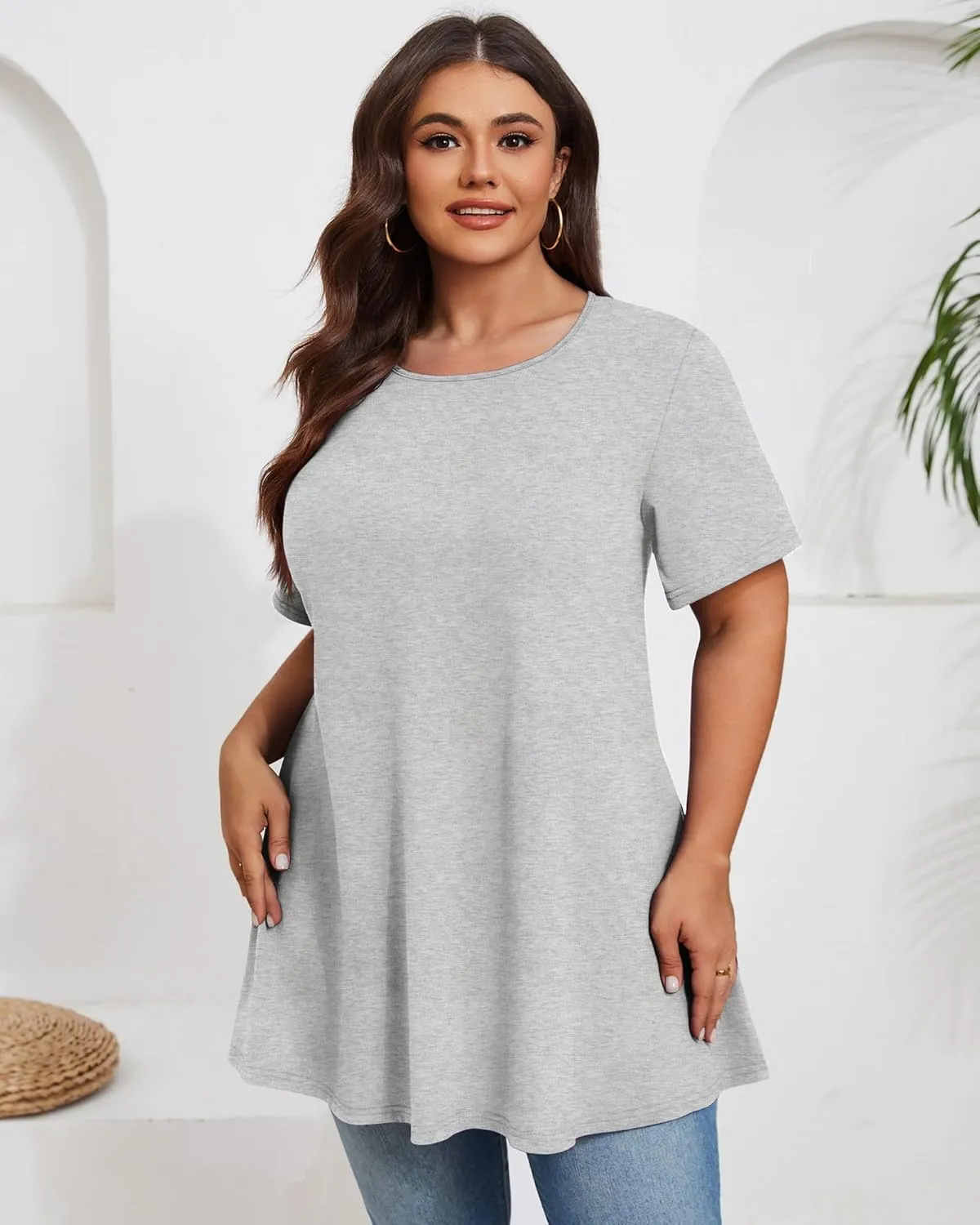 3 Pack Women's Plus Size Tunic Top Short Sleeve Cotton Long Shirts Summer Loose Fit Flowy Blouse Wear with Leggings
