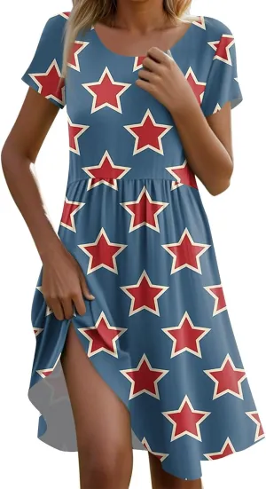 ADHOWBEW 4th of July Dresses for Women Summer Patriotic American Flag USA Casual Short Sleeve Dress