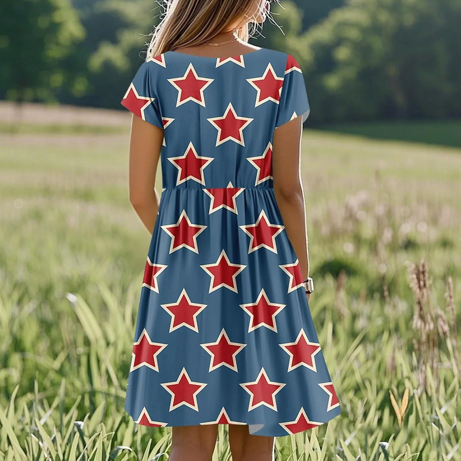 ADHOWBEW 4th of July Dresses for Women Summer Patriotic American Flag USA Casual Short Sleeve Dress
