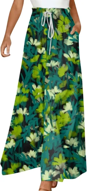 ADHOWBEW Maxi Skirts for Women Bohemian Floral Print Elastic Waist Cotton African Sexy Smocked Casual Flowy Skirts