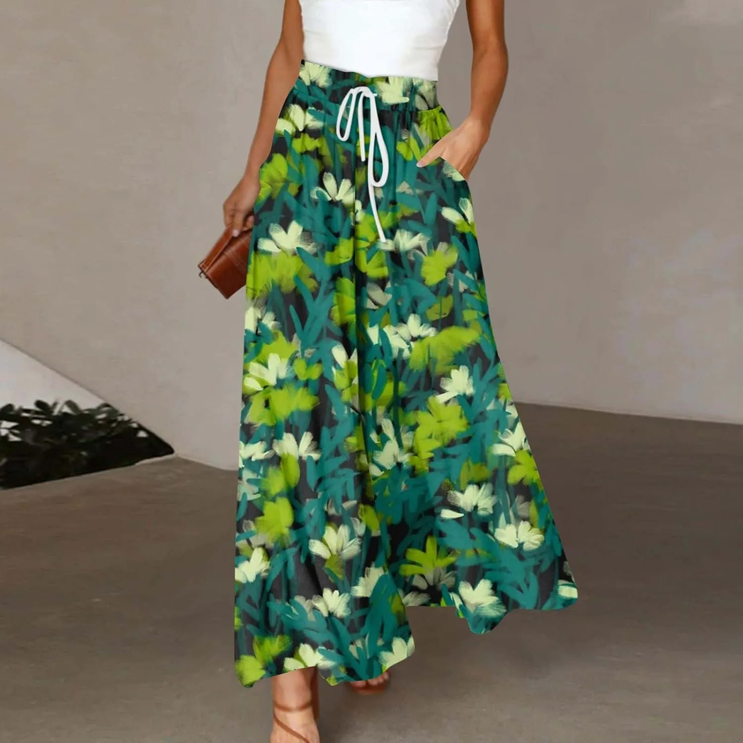 ADHOWBEW Maxi Skirts for Women Bohemian Floral Print Elastic Waist Cotton African Sexy Smocked Casual Flowy Skirts