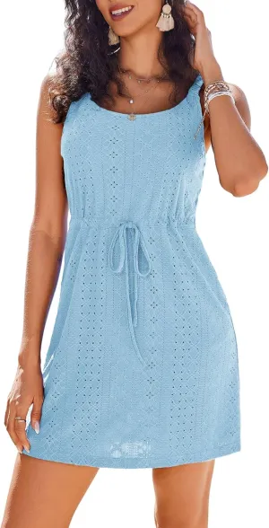 AI'MAGE Swimsuit Cover Up for Women Crochet Hollow Out Bathing Suit Coverups Sleeveless Beach Dress with Pockets S-XXL