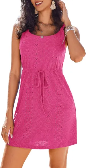 AI'MAGE Swimsuit Cover Up for Women Crochet Hollow Out Bathing Suit Coverups Sleeveless Beach Dress with Pockets S-XXL