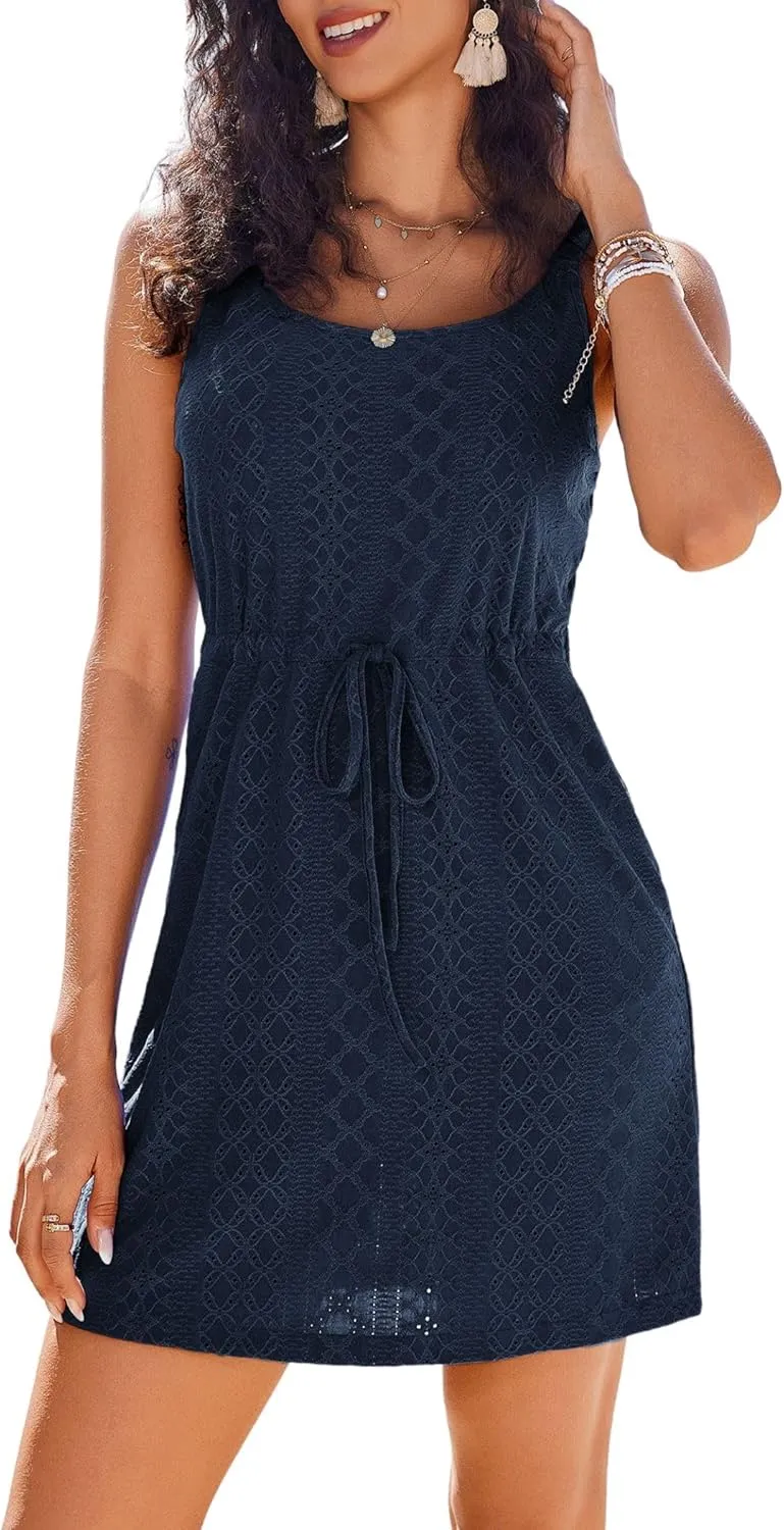 AI'MAGE Swimsuit Cover Up for Women Crochet Hollow Out Bathing Suit Coverups Sleeveless Beach Dress with Pockets S-XXL