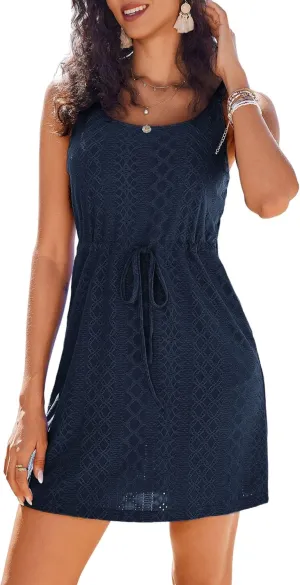 AI'MAGE Swimsuit Cover Up for Women Crochet Hollow Out Bathing Suit Coverups Sleeveless Beach Dress with Pockets S-XXL