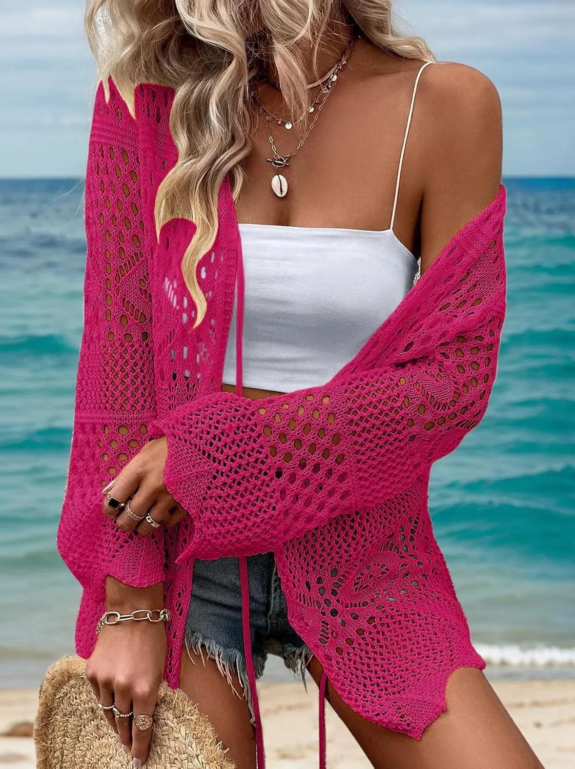 AI'MAGE Womens Kimono Beach Cover Up Crochet Swimsuit Coverups Summer Loose Knit Cardigans Causal Blouse Tops Swimwear S-XXL