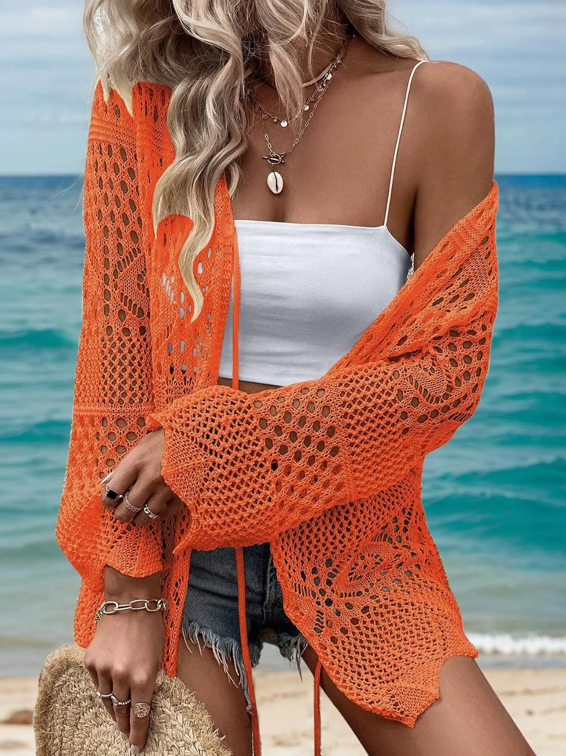 AI'MAGE Womens Kimono Beach Cover Up Crochet Swimsuit Coverups Summer Loose Knit Cardigans Causal Blouse Tops Swimwear S-XXL