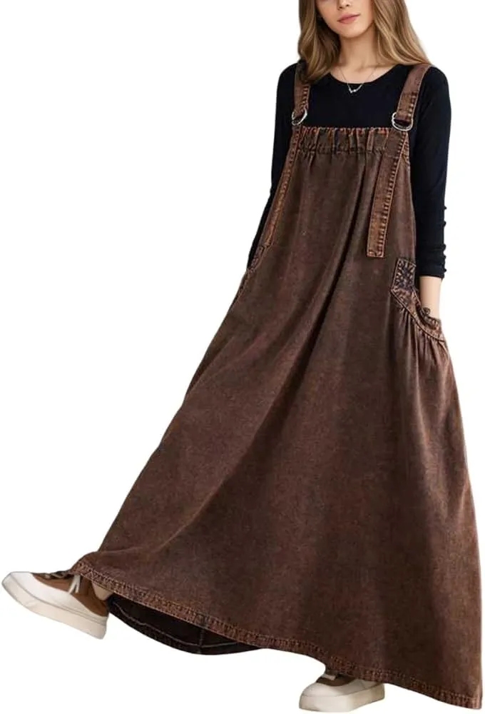 Akivide Women's Baggy Sleeveless Adjustable Strap Wide Hemline Retro Classic Denim Dress Jumper Jeans Maxi Dresses for Women