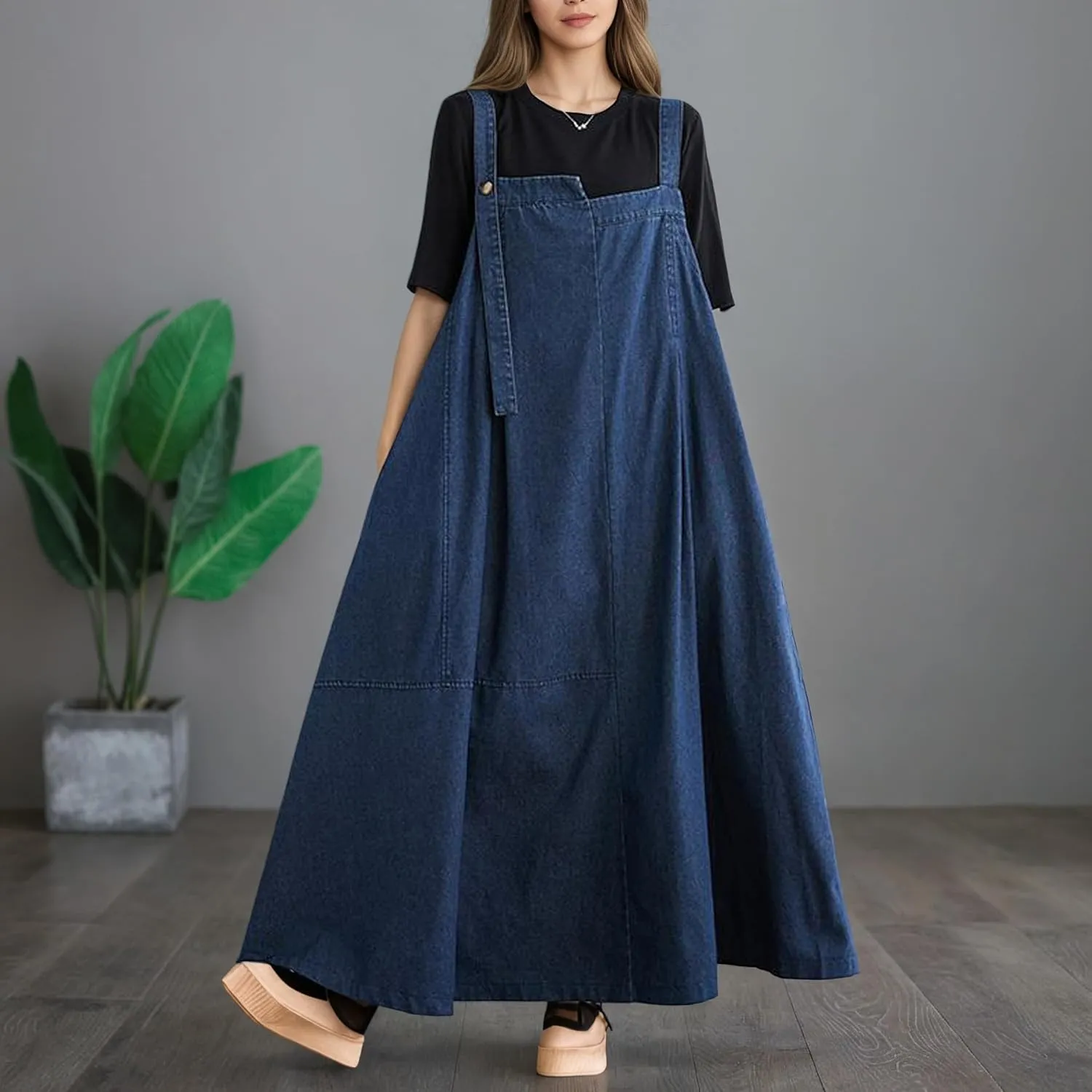 Akivide Women's Baggy Sleeveless Adjustable Strap Wide Hemline Retro Classic Denim Dress Jumper Jeans Maxi Dresses for Women
