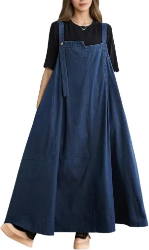 Akivide Women's Baggy Sleeveless Adjustable Strap Wide Hemline Retro Classic Denim Dress Jumper Jeans Maxi Dresses for Women