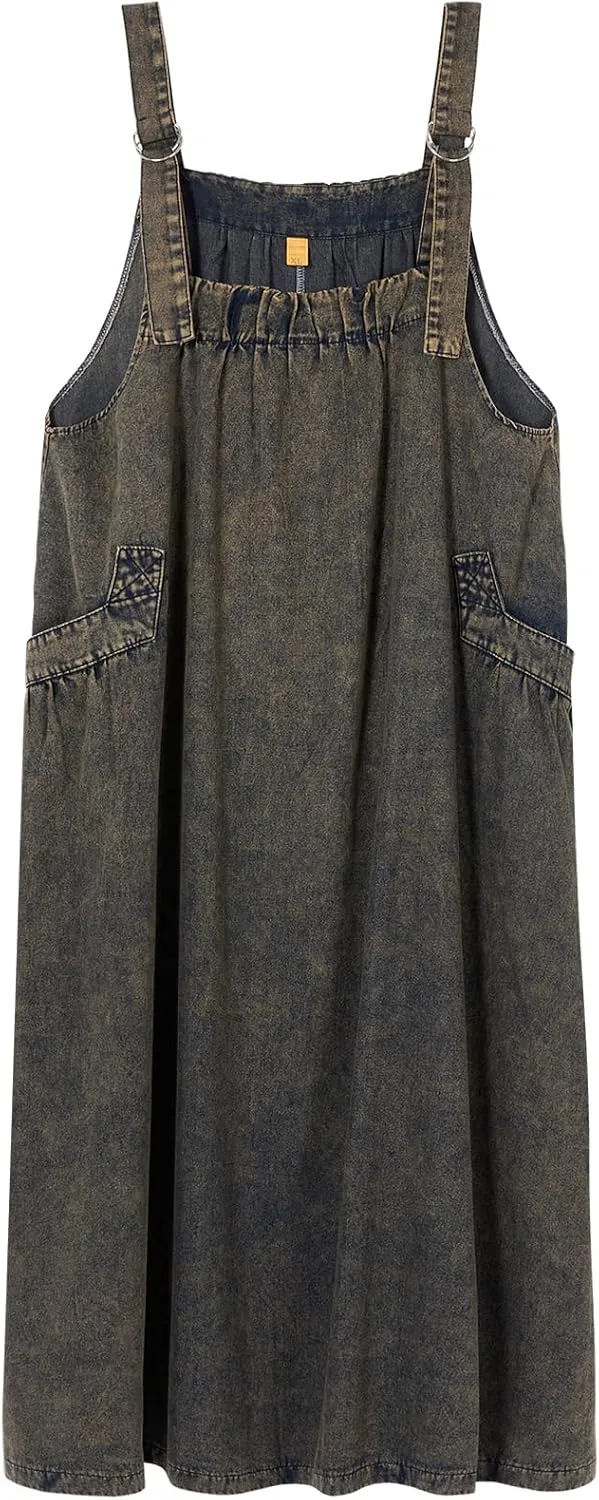 Akivide Women's Baggy Sleeveless Adjustable Strap Wide Hemline Retro Classic Denim Dress Jumper Jeans Maxi Dresses for Women