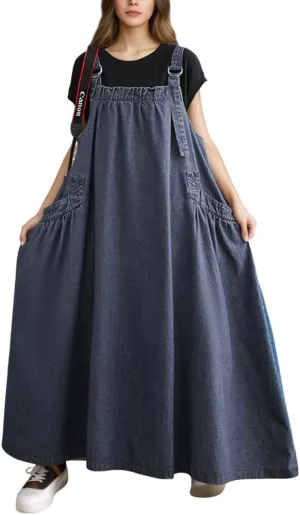 Akivide Women's Baggy Sleeveless Adjustable Strap Wide Hemline Retro Classic Denim Dress Jumper Jeans Maxi Dresses for Women