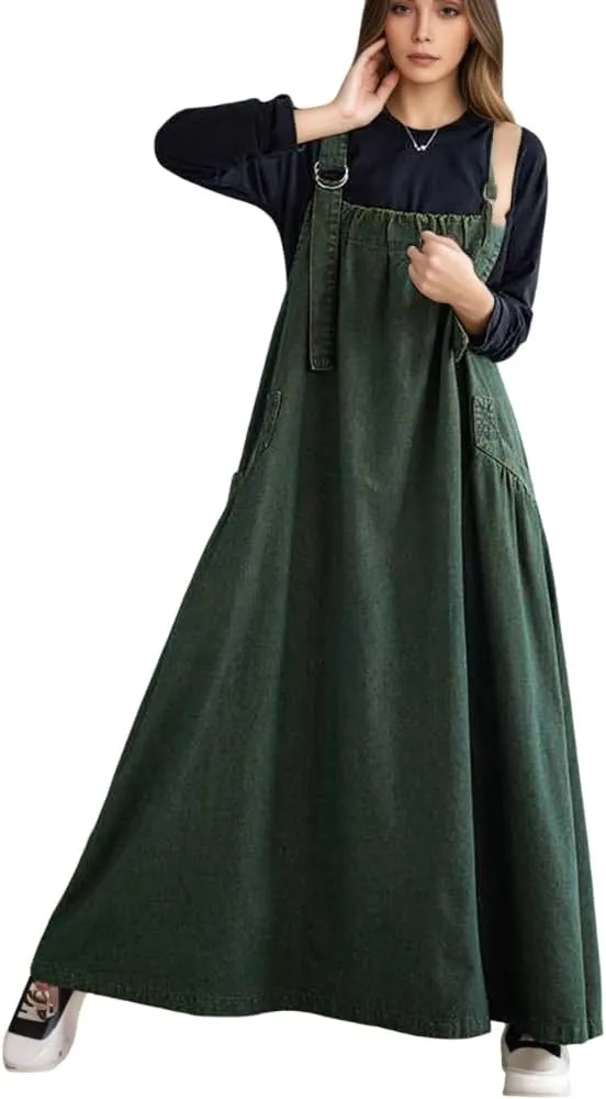 Akivide Women's Baggy Sleeveless Adjustable Strap Wide Hemline Retro Classic Denim Dress Jumper Jeans Maxi Dresses for Women