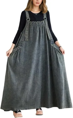 Akivide Women's Baggy Sleeveless Adjustable Strap Wide Hemline Retro Classic Denim Dress Jumper Jeans Maxi Dresses for Women