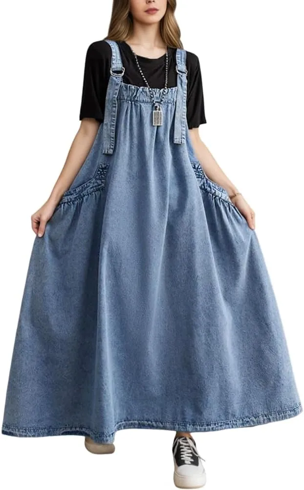 Akivide Women's Baggy Sleeveless Adjustable Strap Wide Hemline Retro Classic Denim Dress Jumper Jeans Maxi Dresses for Women