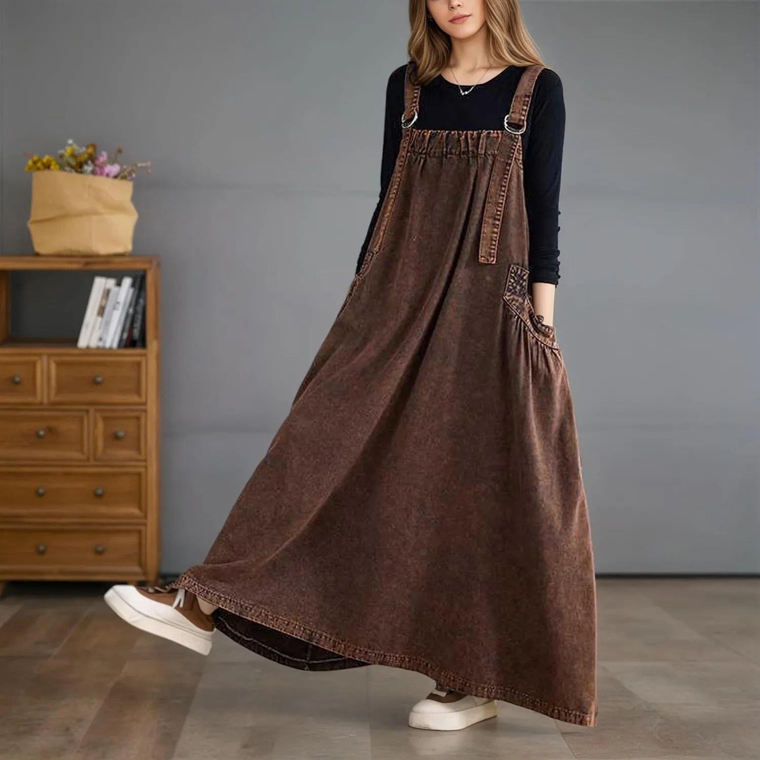 Akivide Women's Baggy Sleeveless Adjustable Strap Wide Hemline Retro Classic Denim Dress Jumper Jeans Maxi Dresses for Women