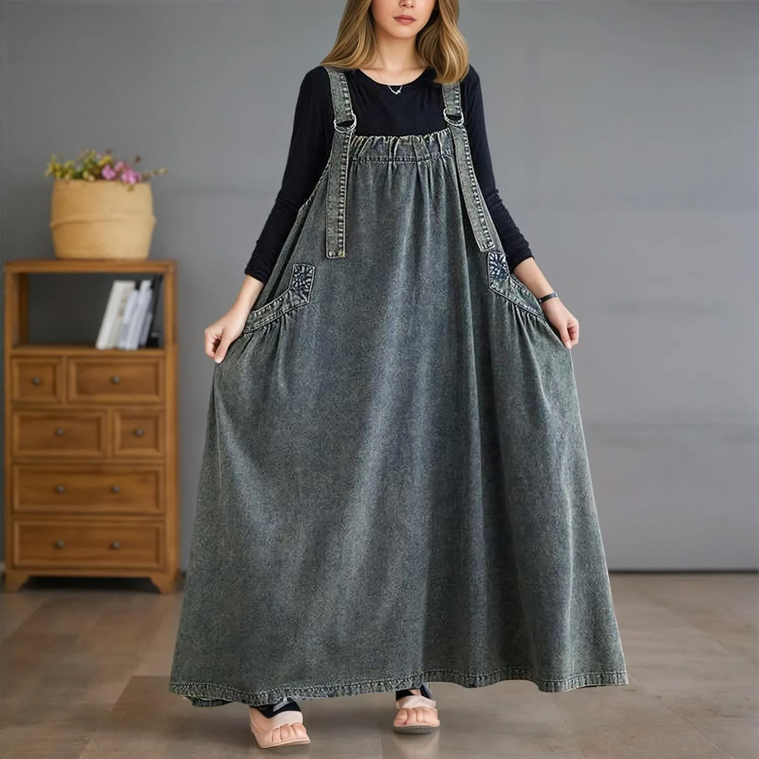 Akivide Women's Baggy Sleeveless Adjustable Strap Wide Hemline Retro Classic Denim Dress Jumper Jeans Maxi Dresses for Women