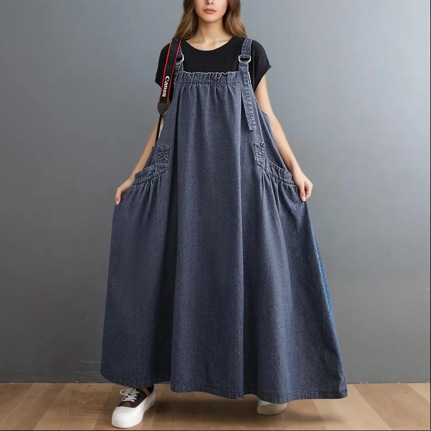 Akivide Women's Baggy Sleeveless Adjustable Strap Wide Hemline Retro Classic Denim Dress Jumper Jeans Maxi Dresses for Women