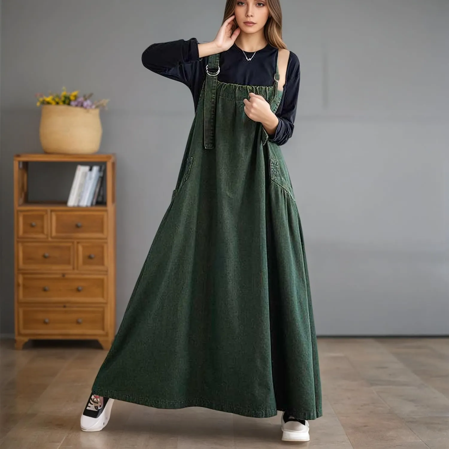 Akivide Women's Baggy Sleeveless Adjustable Strap Wide Hemline Retro Classic Denim Dress Jumper Jeans Maxi Dresses for Women