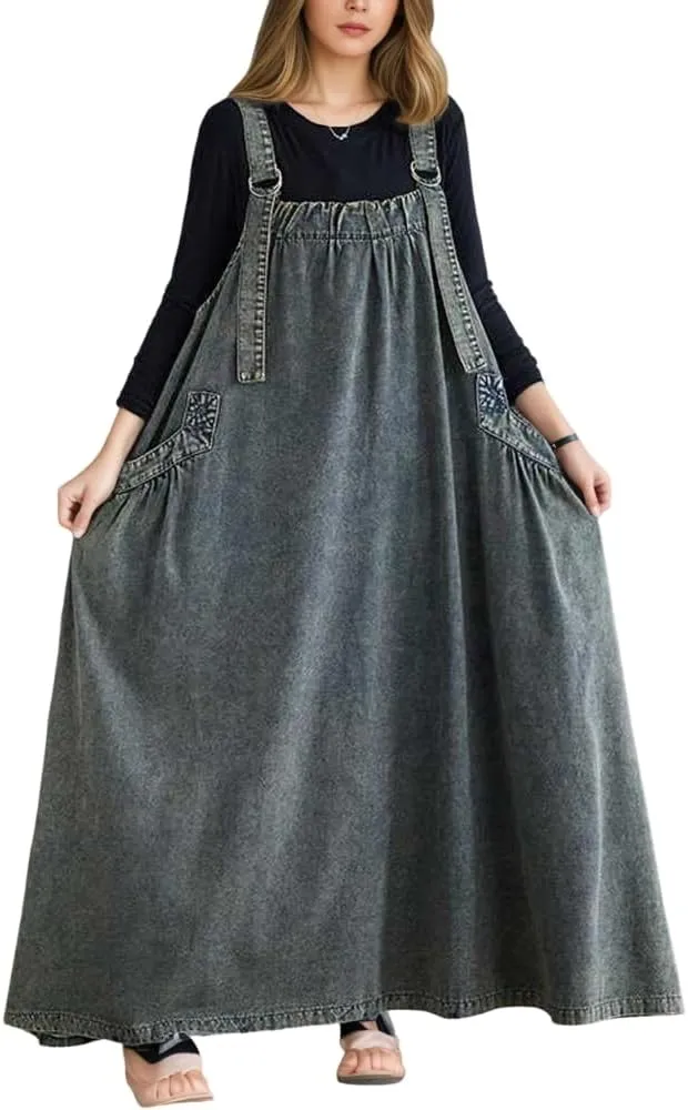 Akivide Women's Baggy Sleeveless Adjustable Strap Wide Hemline Retro Classic Denim Dress Jumper Jeans Maxi Dresses for Women