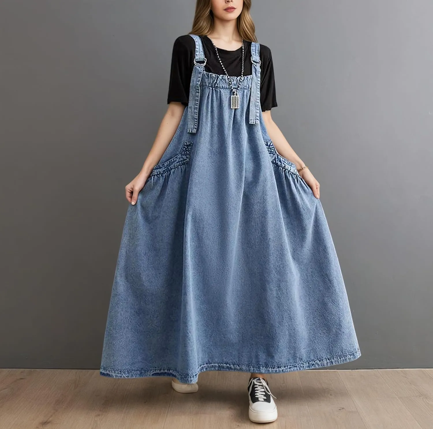 Akivide Women's Baggy Sleeveless Adjustable Strap Wide Hemline Retro Classic Denim Dress Jumper Jeans Maxi Dresses for Women