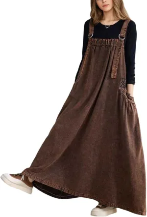 Akivide Women's Baggy Sleeveless Adjustable Strap Wide Hemline Retro Classic Denim Dress Jumper Jeans Maxi Dresses for Women