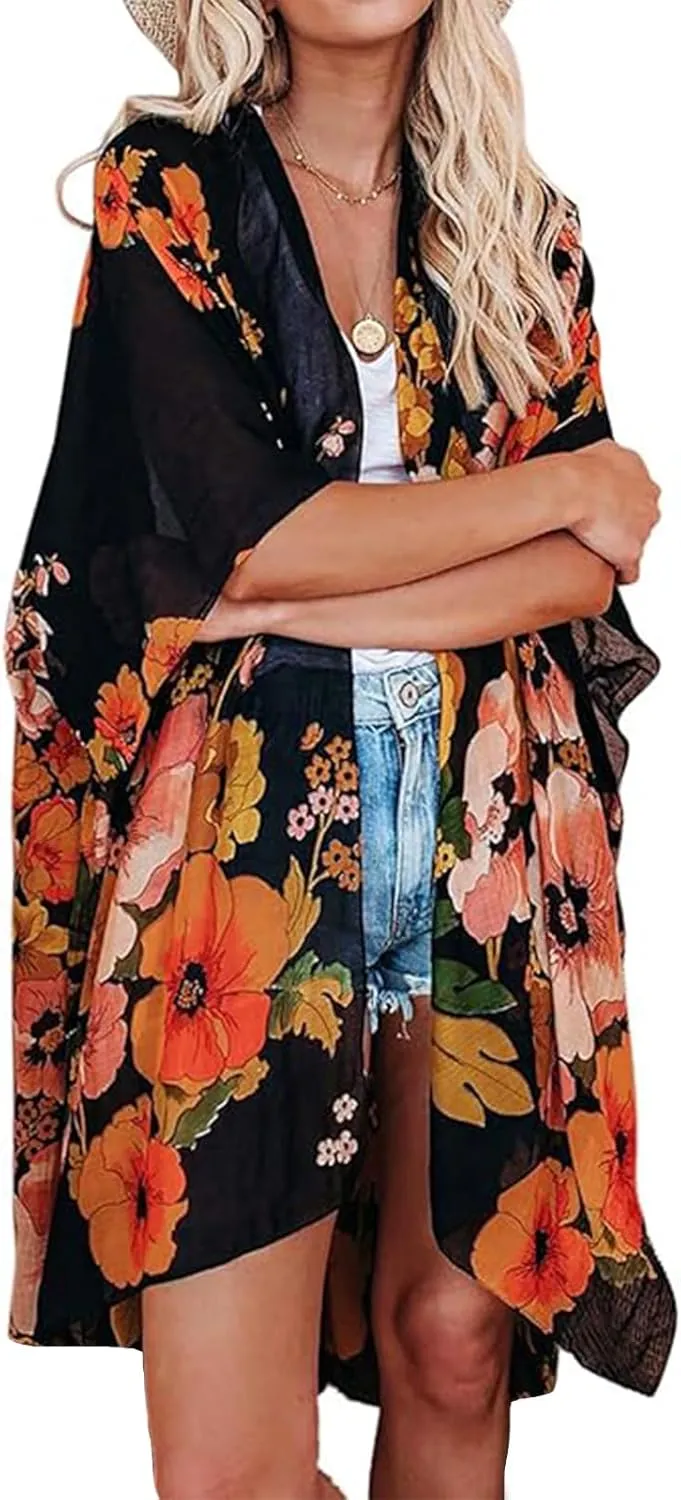 Alaster Queen Women's Kimono Cardigan Summer Swimsuit Casual Beach Long Swimwear Loose Coverups for Women