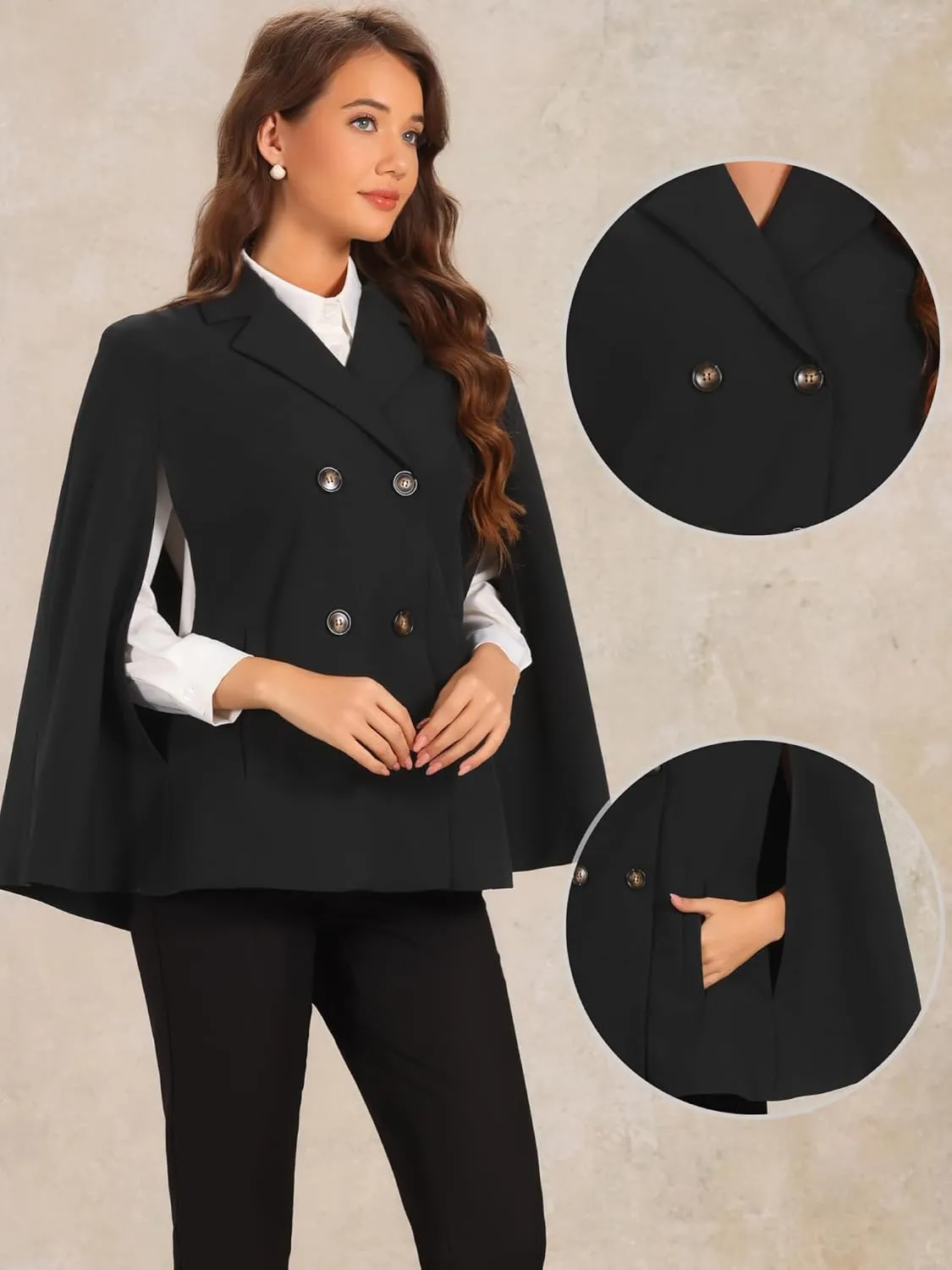 Allegra K Double Breasted Blazer for Women's Notched Lapel Collar Office Cloak Cape Jacket