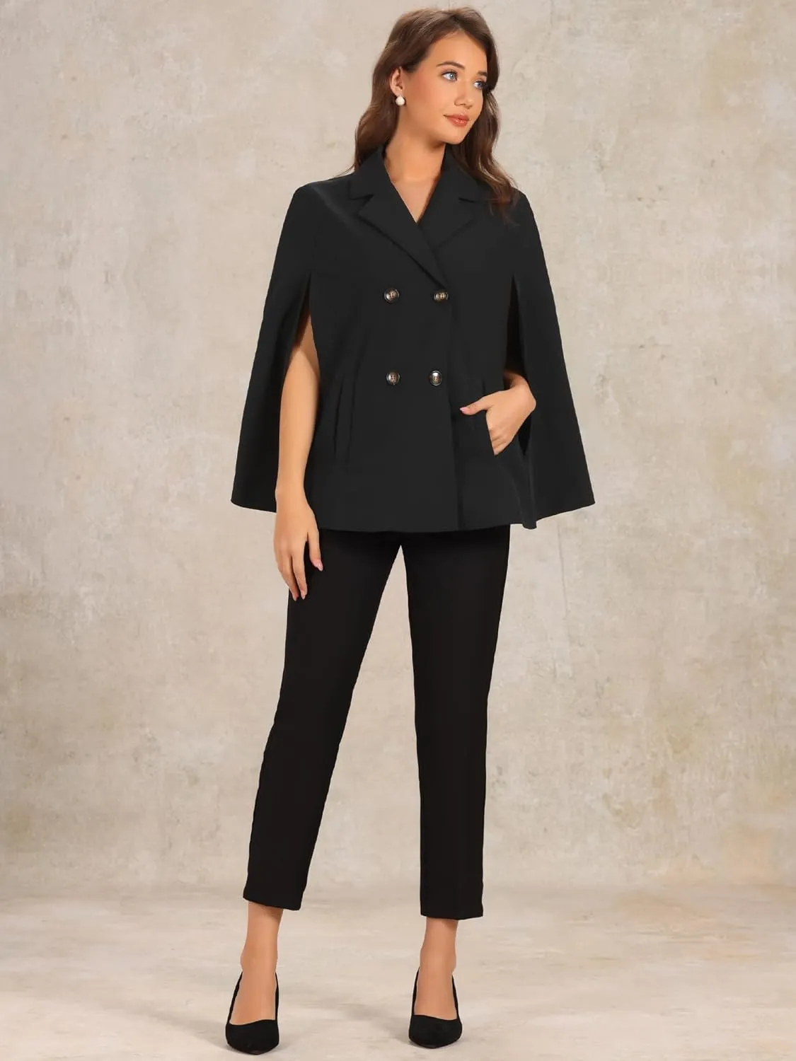 Allegra K Double Breasted Blazer for Women's Notched Lapel Collar Office Cloak Cape Jacket