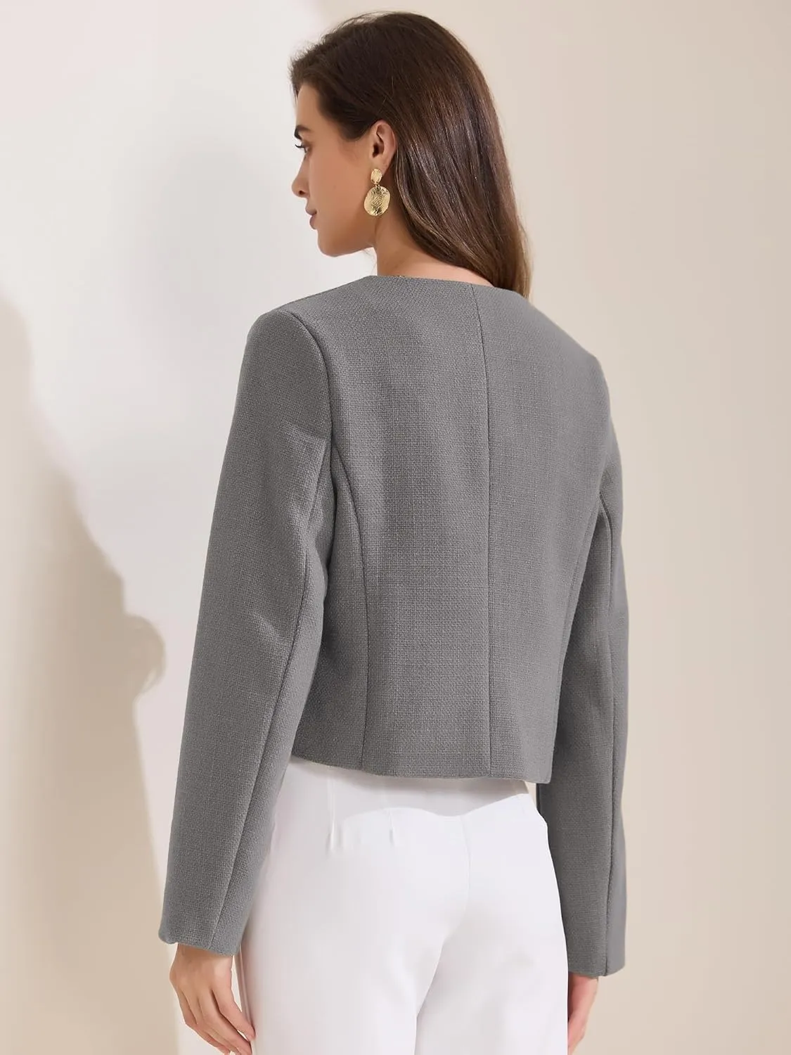 Allegra K Women's Cropped Blazer Jacket Long Sleeve Button Down Spring Fall Work Business Tweed Blazers