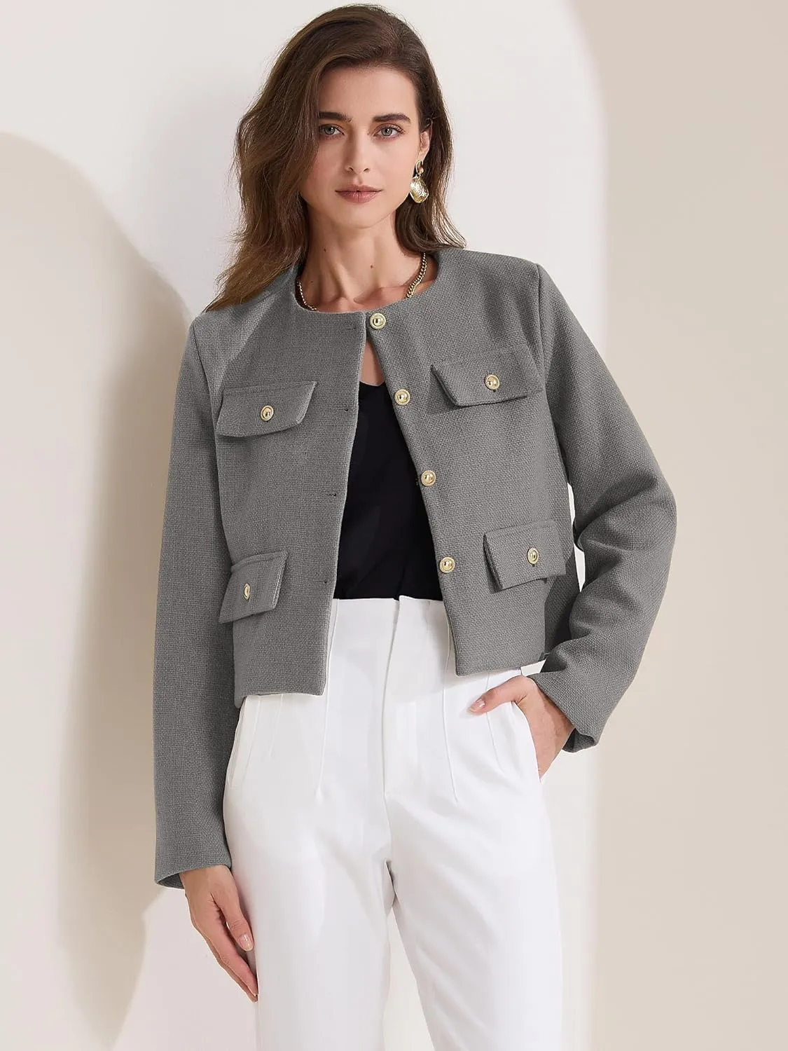 Allegra K Women's Cropped Blazer Jacket Long Sleeve Button Down Spring Fall Work Business Tweed Blazers