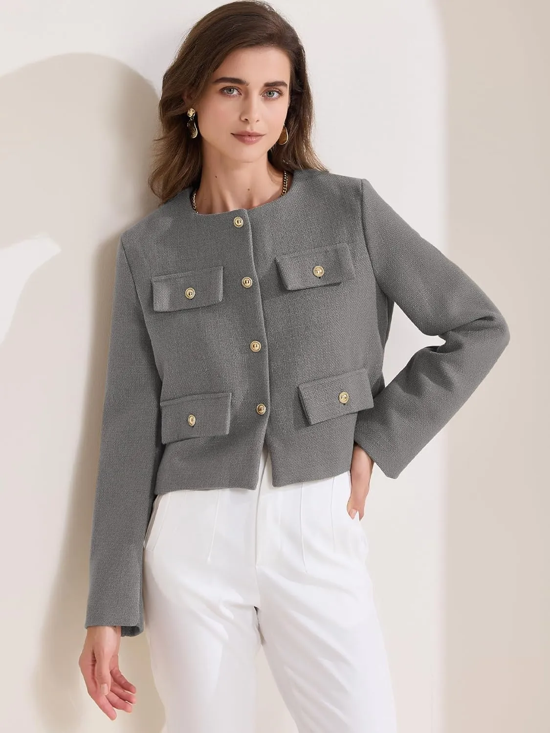Allegra K Women's Cropped Blazer Jacket Long Sleeve Button Down Spring Fall Work Business Tweed Blazers