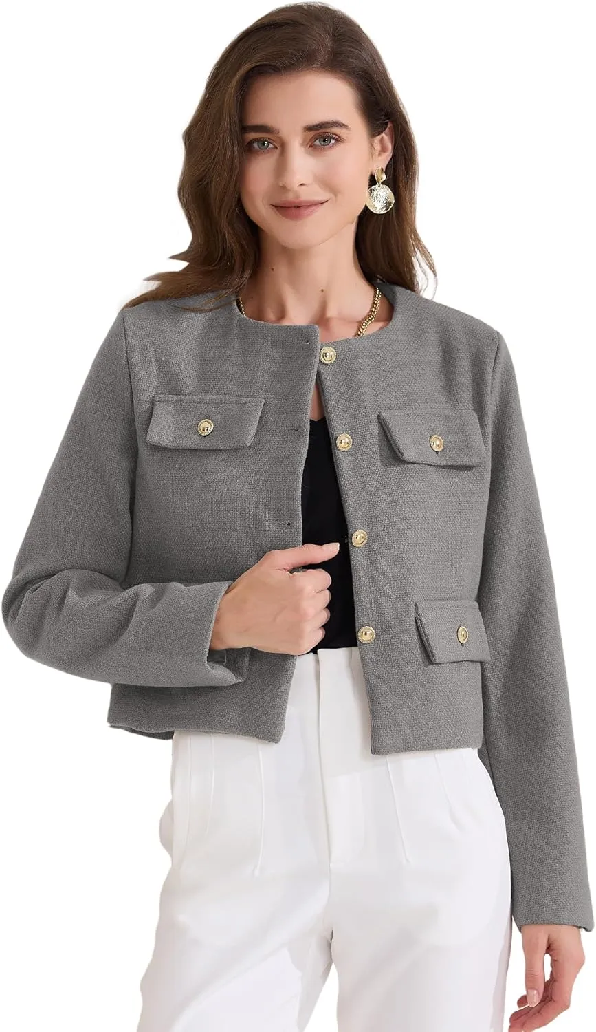 Allegra K Women's Cropped Blazer Jacket Long Sleeve Button Down Spring Fall Work Business Tweed Blazers