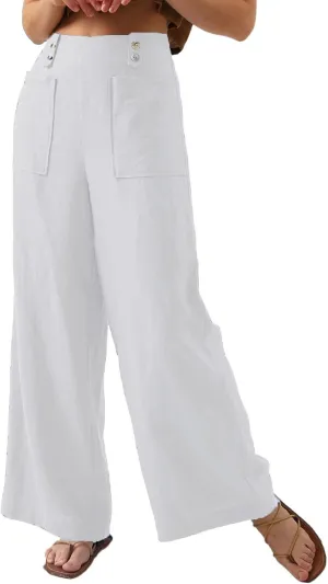 Amazhiyu Womens Pure Linen High Waist Wide Leg Pants with Pockets for Casual Summer