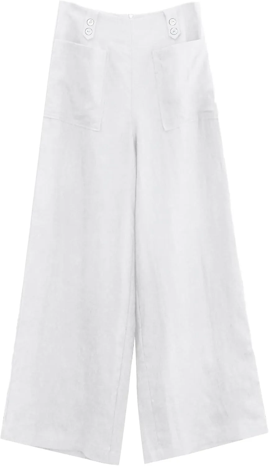 Amazhiyu Womens Pure Linen High Waist Wide Leg Pants with Pockets for Casual Summer