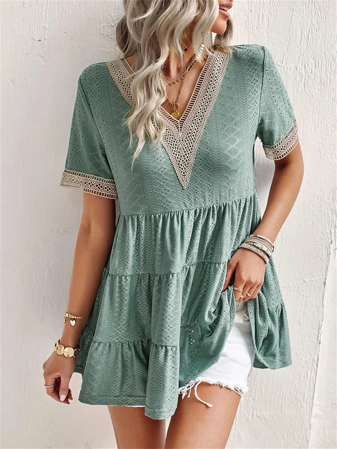Andongnywell Womens Short Sleeve Tops Summer V Neck Ruffle Shirring Hem Eyelet Loose Fit Shirt Blouse Mini Dress