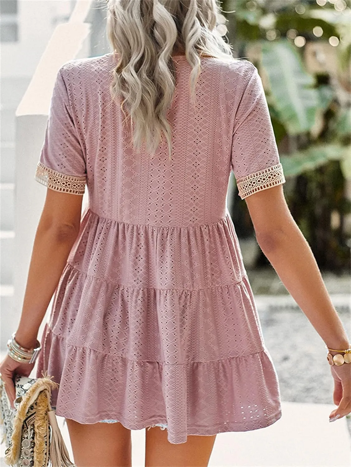Andongnywell Womens Short Sleeve Tops Summer V Neck Ruffle Shirring Hem Eyelet Loose Fit Shirt Blouse Mini Dress
