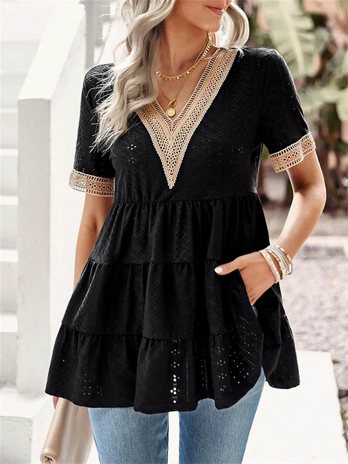 Andongnywell Womens Short Sleeve Tops Summer V Neck Ruffle Shirring Hem Eyelet Loose Fit Shirt Blouse Mini Dress