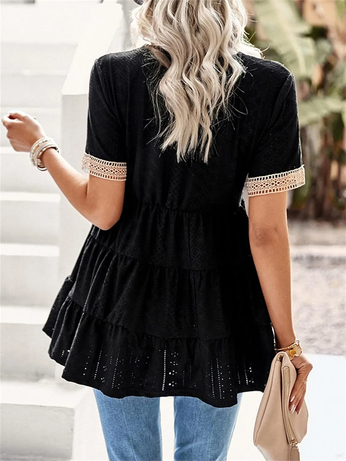 Andongnywell Womens Short Sleeve Tops Summer V Neck Ruffle Shirring Hem Eyelet Loose Fit Shirt Blouse Mini Dress