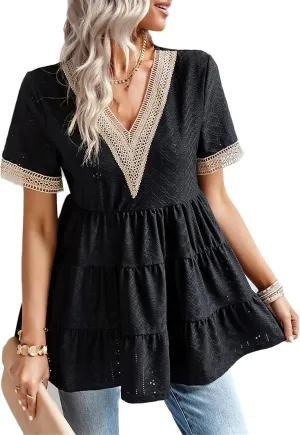 Andongnywell Womens Short Sleeve Tops Summer V Neck Ruffle Shirring Hem Eyelet Loose Fit Shirt Blouse Mini Dress