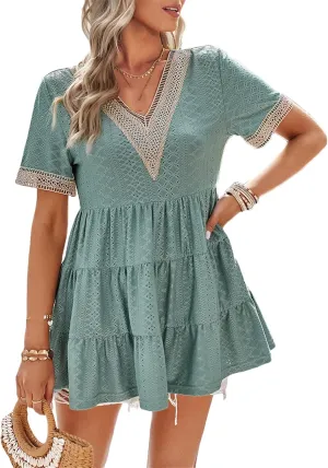 Andongnywell Womens Short Sleeve Tops Summer V Neck Ruffle Shirring Hem Eyelet Loose Fit Shirt Blouse Mini Dress