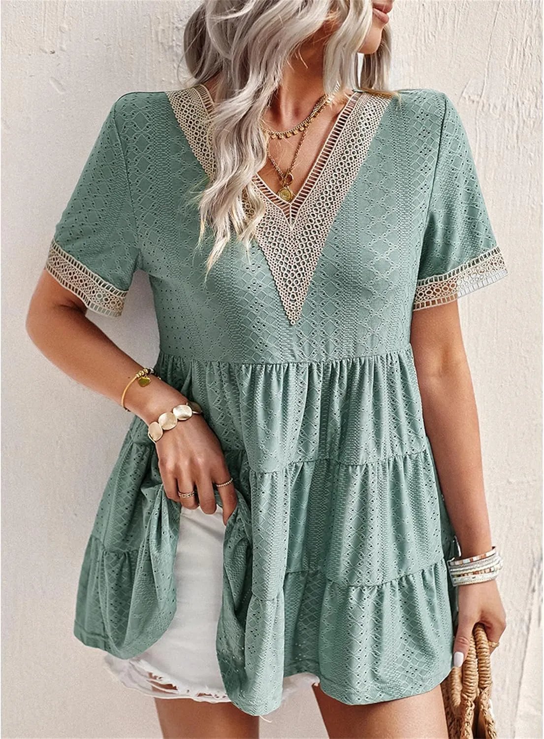 Andongnywell Womens Short Sleeve Tops Summer V Neck Ruffle Shirring Hem Eyelet Loose Fit Shirt Blouse Mini Dress