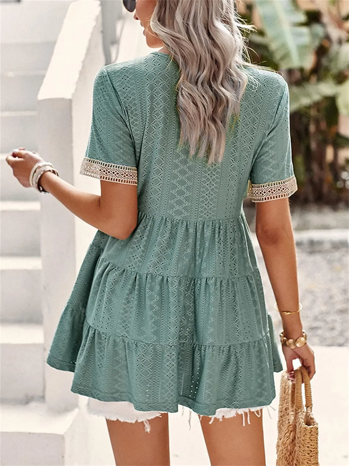 Andongnywell Womens Short Sleeve Tops Summer V Neck Ruffle Shirring Hem Eyelet Loose Fit Shirt Blouse Mini Dress