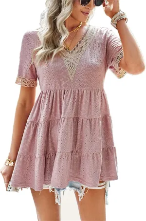 Andongnywell Womens Short Sleeve Tops Summer V Neck Ruffle Shirring Hem Eyelet Loose Fit Shirt Blouse Mini Dress