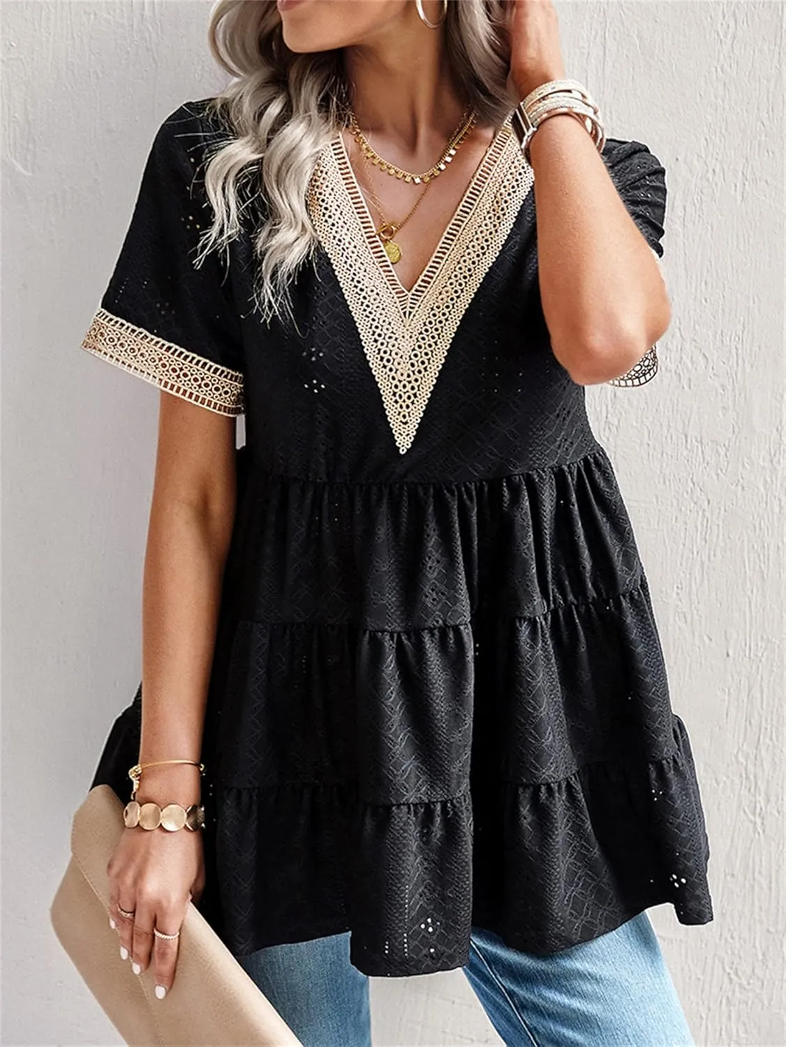 Andongnywell Womens Short Sleeve Tops Summer V Neck Ruffle Shirring Hem Eyelet Loose Fit Shirt Blouse Mini Dress