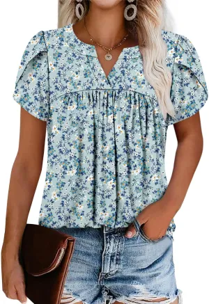 Angerella Womens Tunic Top T Shirts V Neck Short Sleeve Floral Print Trendy Dressy Casual Elegant Pleated Front Blouse
