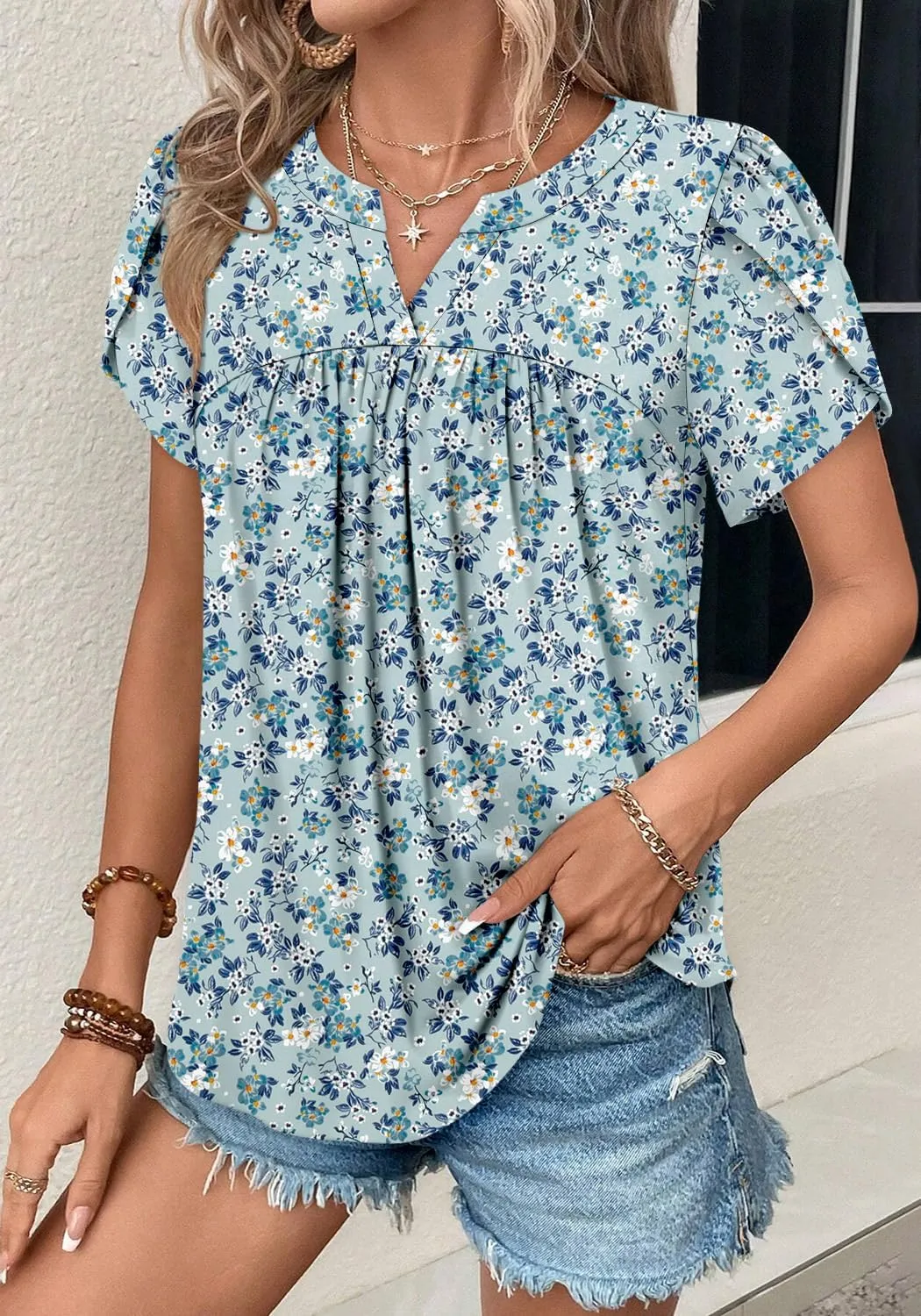 Angerella Womens Tunic Top T Shirts V Neck Short Sleeve Floral Print Trendy Dressy Casual Elegant Pleated Front Blouse