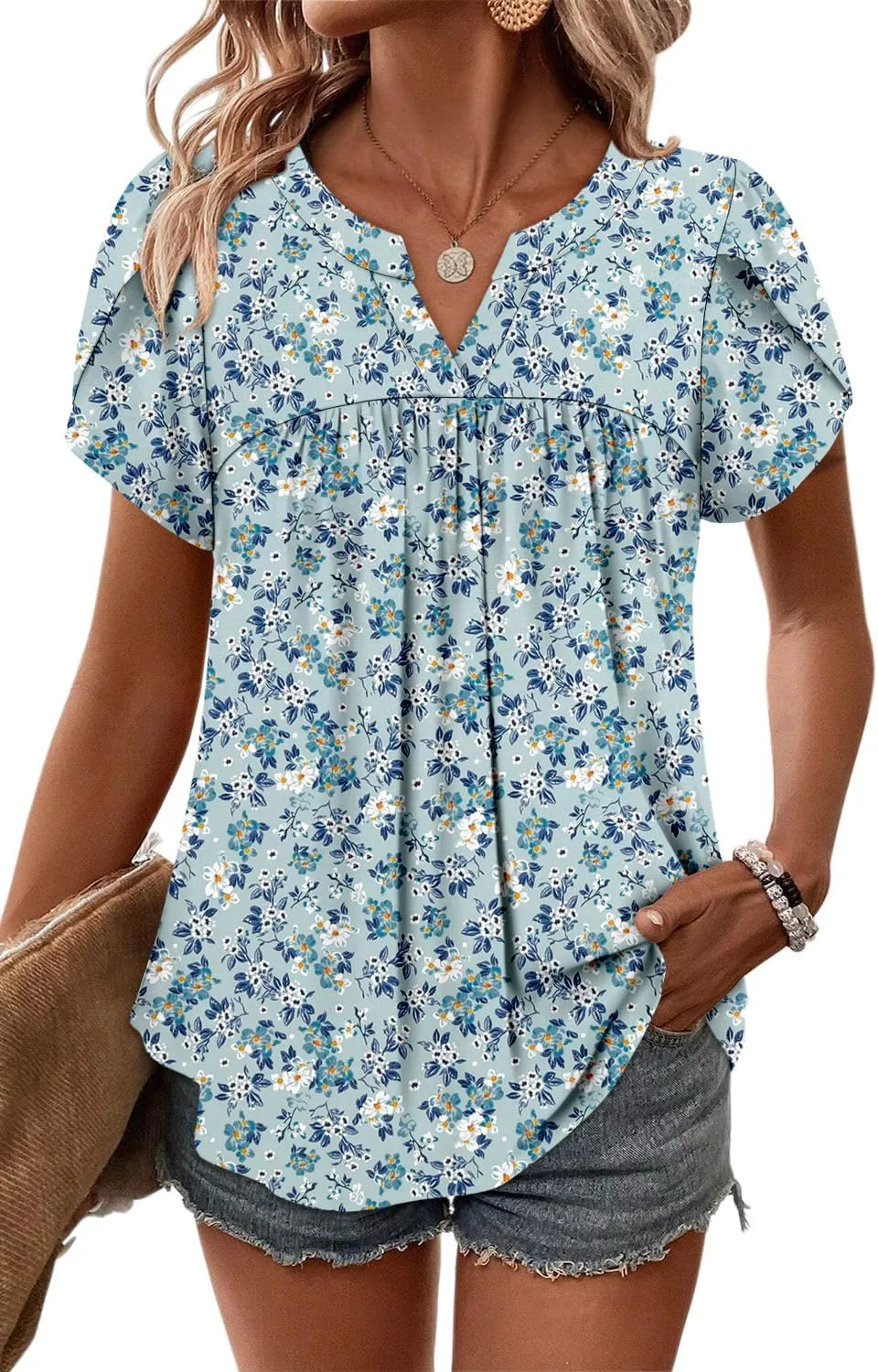 Angerella Womens Tunic Top T Shirts V Neck Short Sleeve Floral Print Trendy Dressy Casual Elegant Pleated Front Blouse